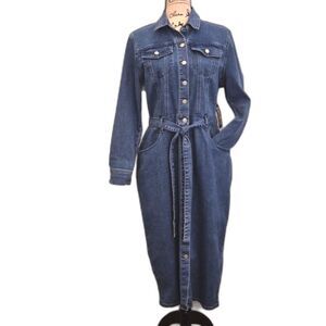 NY & Company Denim Shirt Dress L Button Down Midi Belted Waist NWT